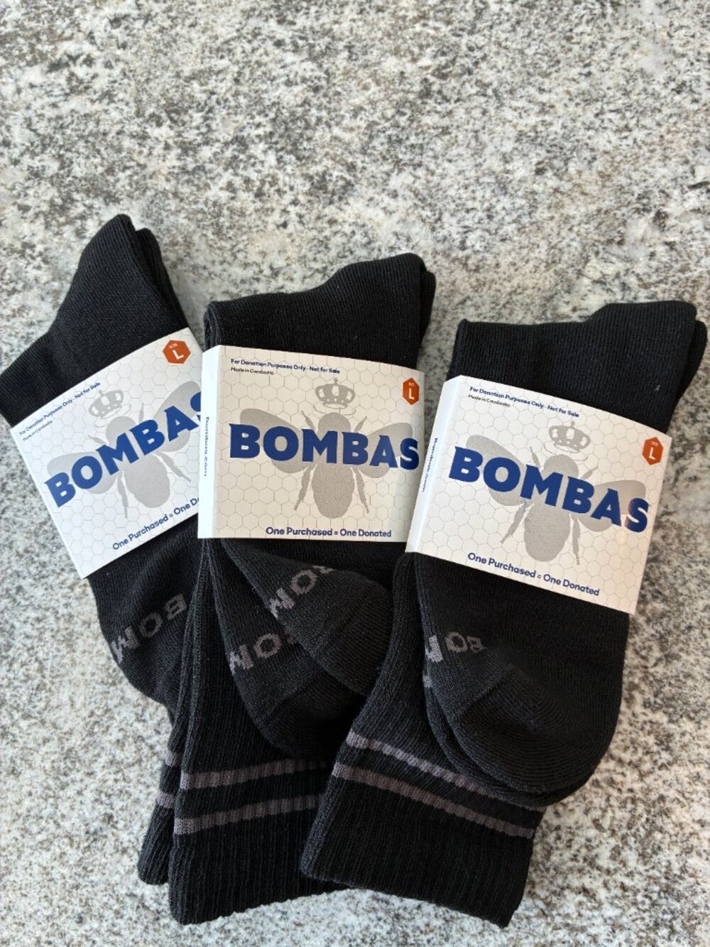 3 pack Bombas Original half calf Black Socks with grey stripes, Sz L